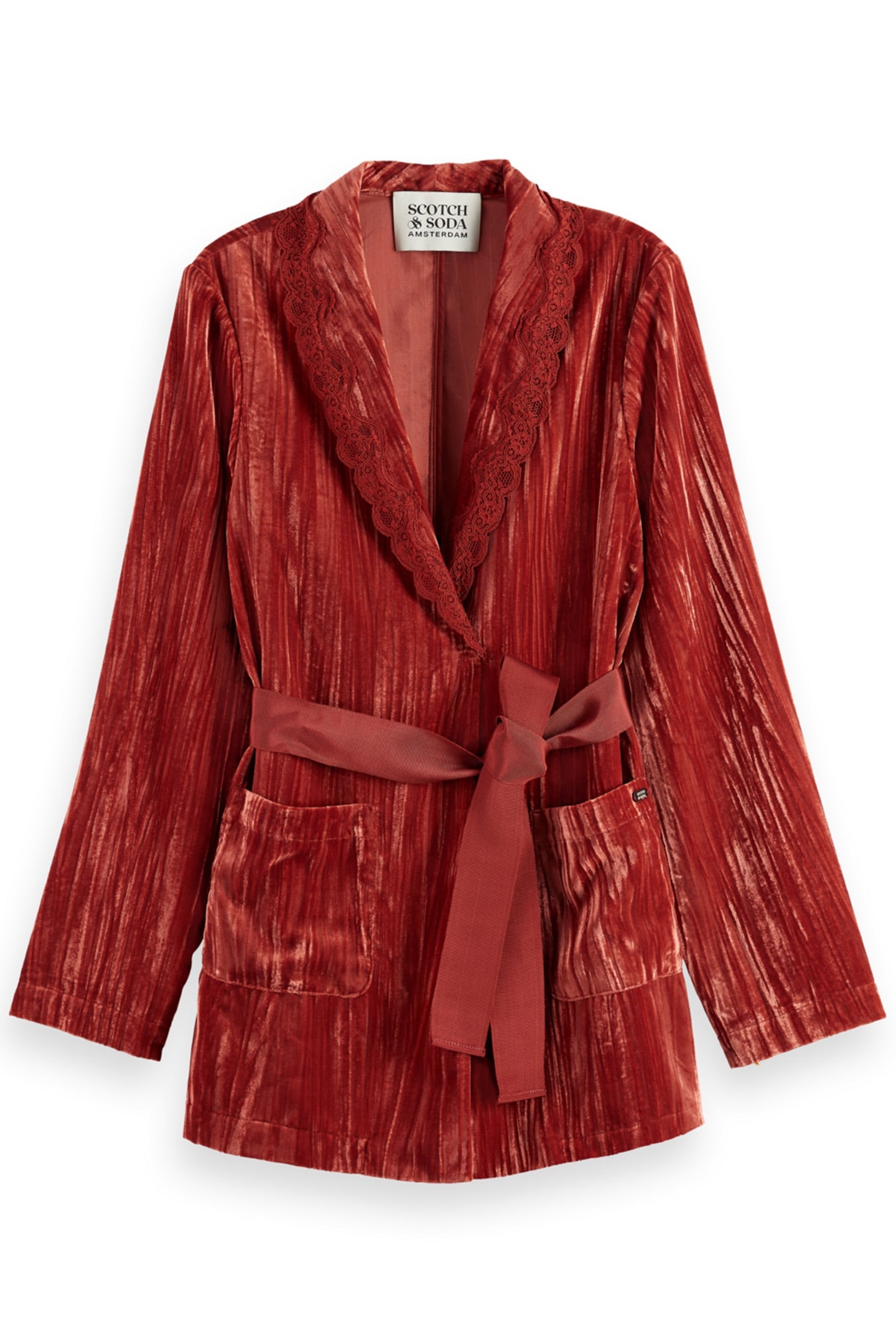 LACE TRIMMED VELVET PYJAMA BLAZER RUST 4