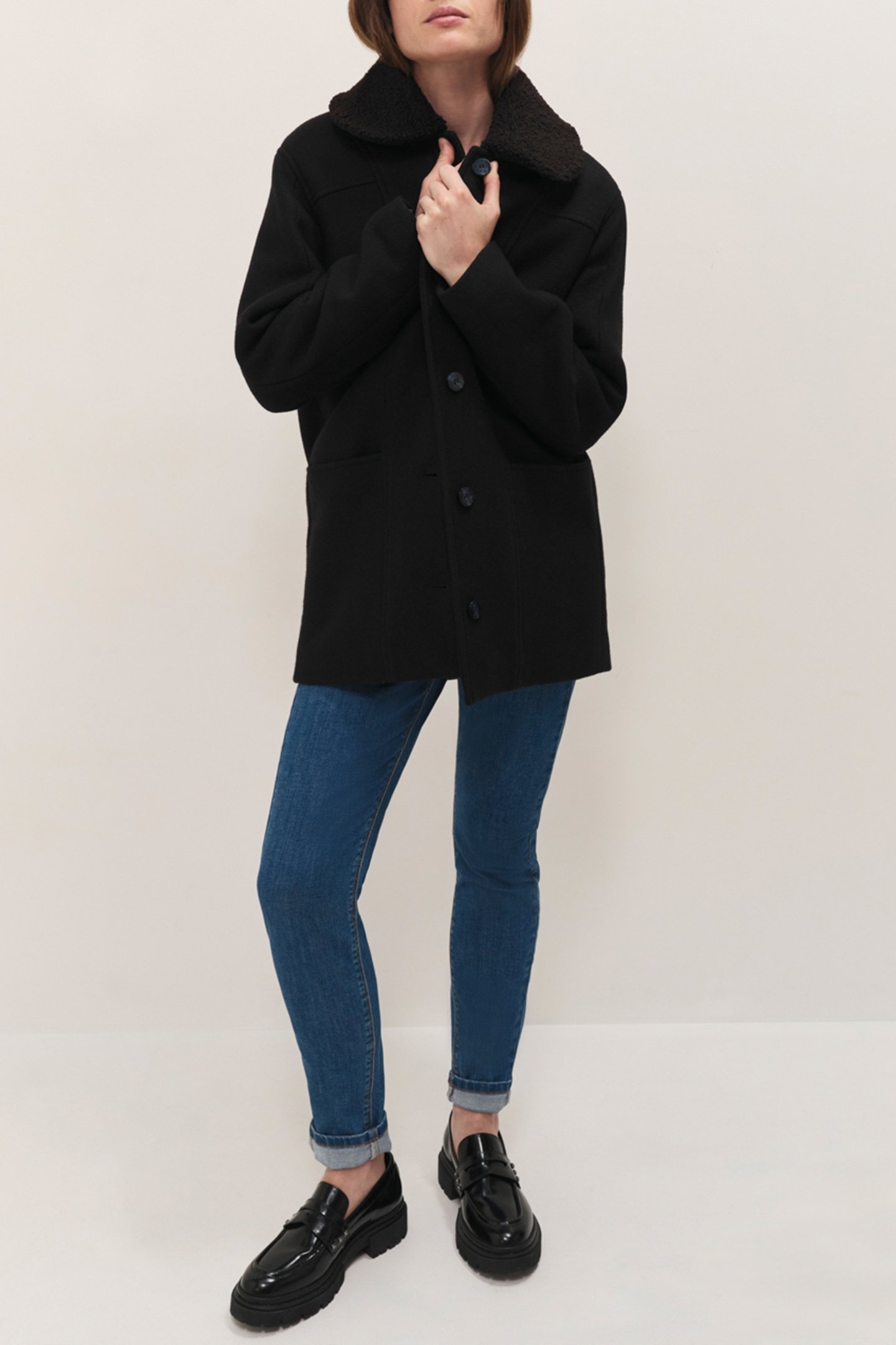 DORA - MID-LENGTH BLACK COAT WITH REMOVABLE SHERPA BOUCLÉ CO 4