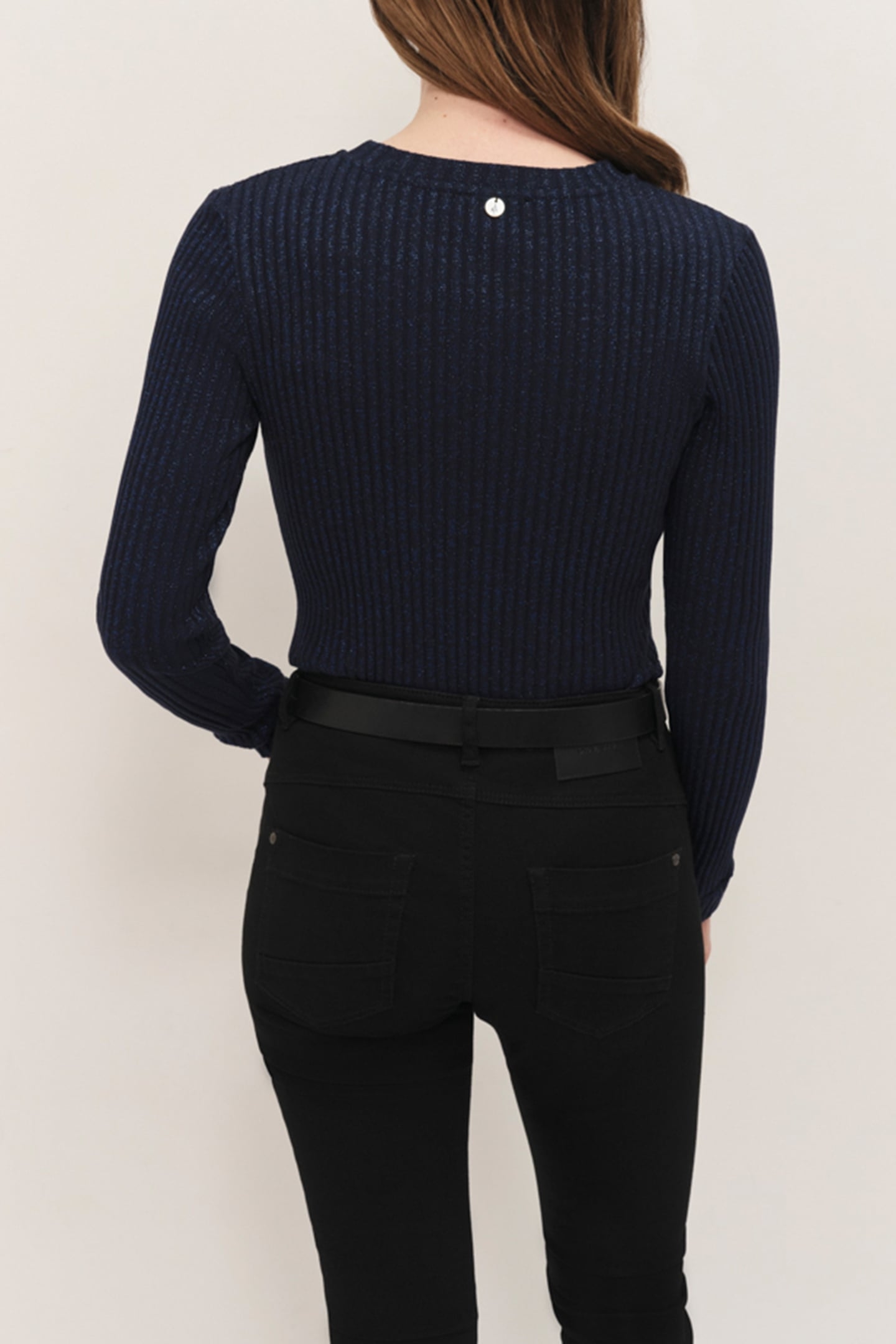 MALENE - NAVY BLUE RIBBED LUREX KNIT LONG-SLEEVED T-SHIRT 2