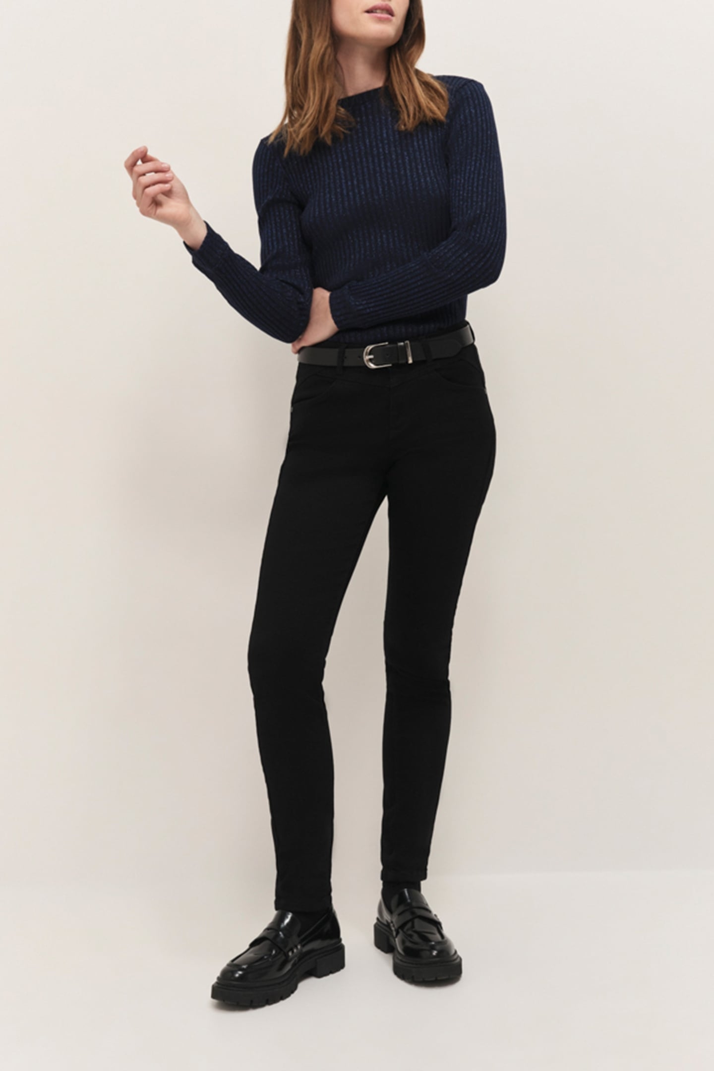 MALENE - NAVY BLUE RIBBED LUREX KNIT LONG-SLEEVED T-SHIRT 4