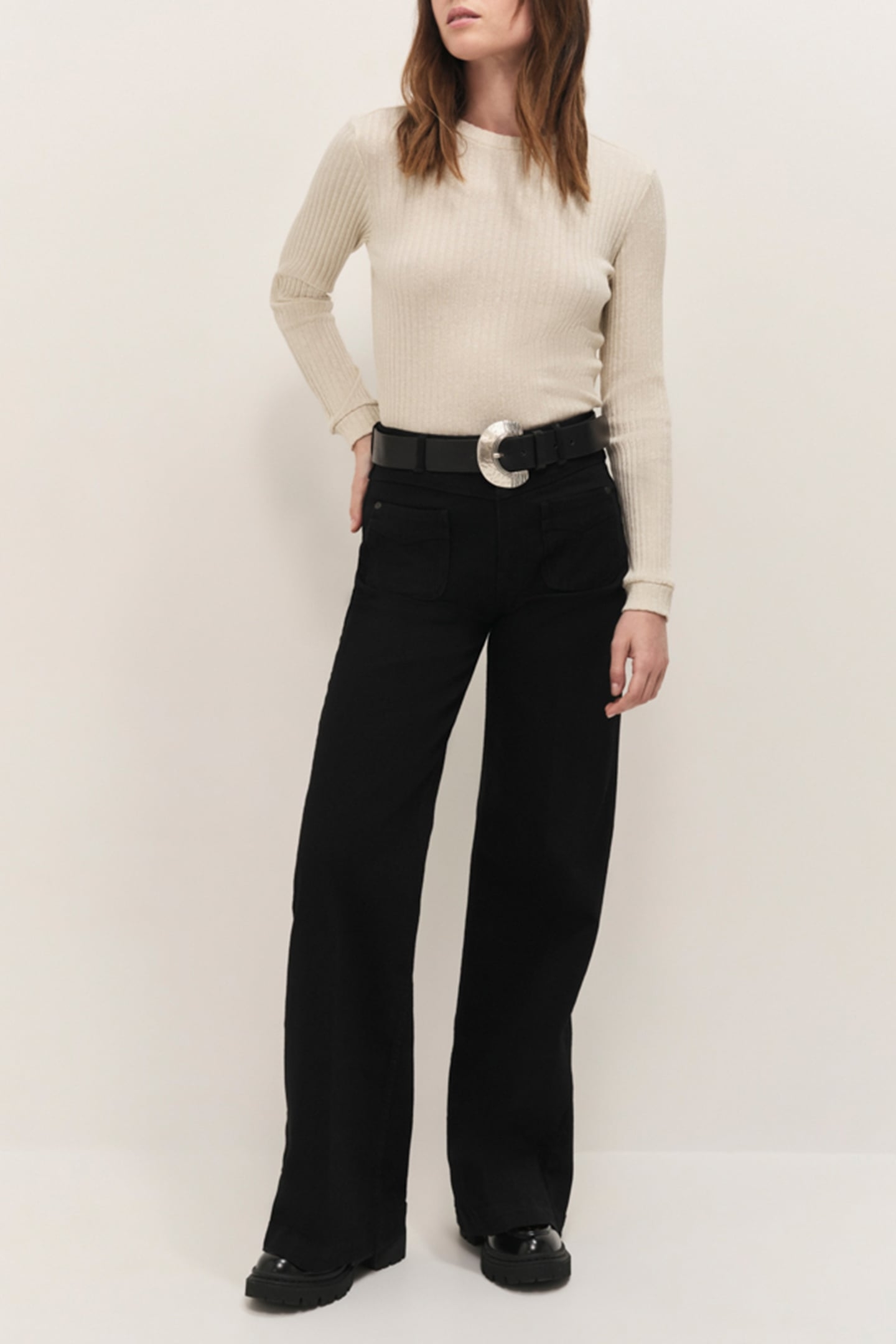 MALENE - ECRU RIBBED LUREX KNIT LONG-SLEEVED T-SHIRT 2