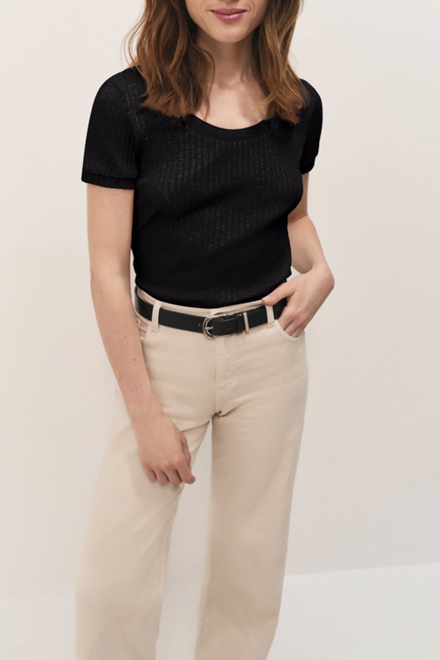 MILESI - BLACK RIBBED LUREX KNIT SHORT-SLEEVED T-SHIRT 1