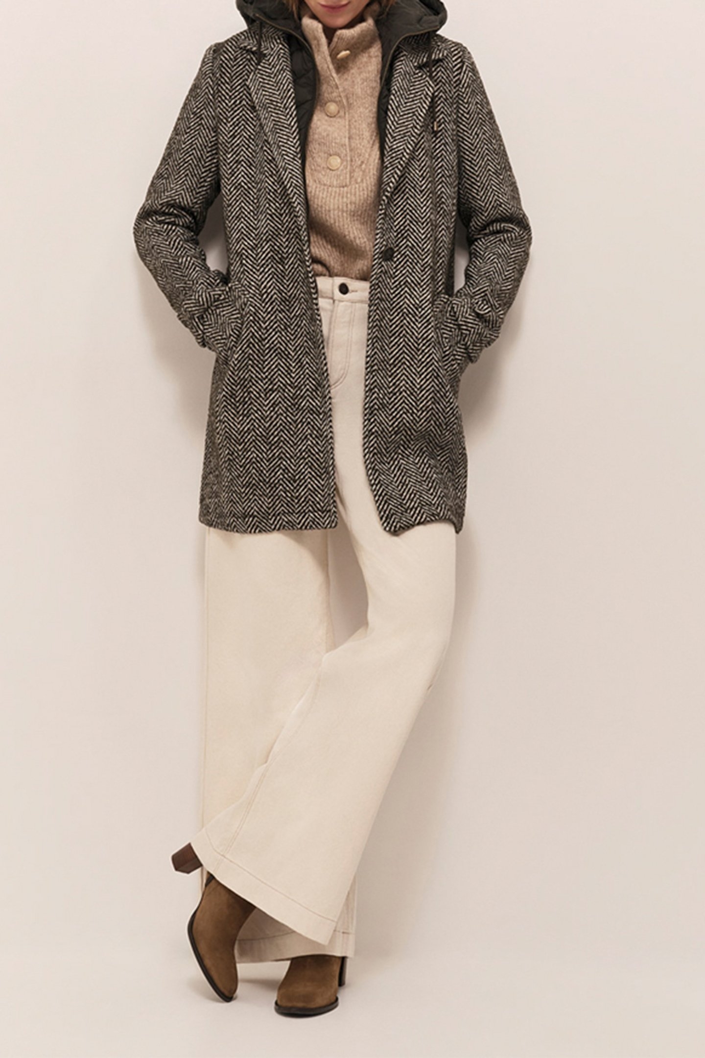 DEW - KHAKI WOOL COAT WITH HERRINGBONE PATTERN AND REMOVABLE 2