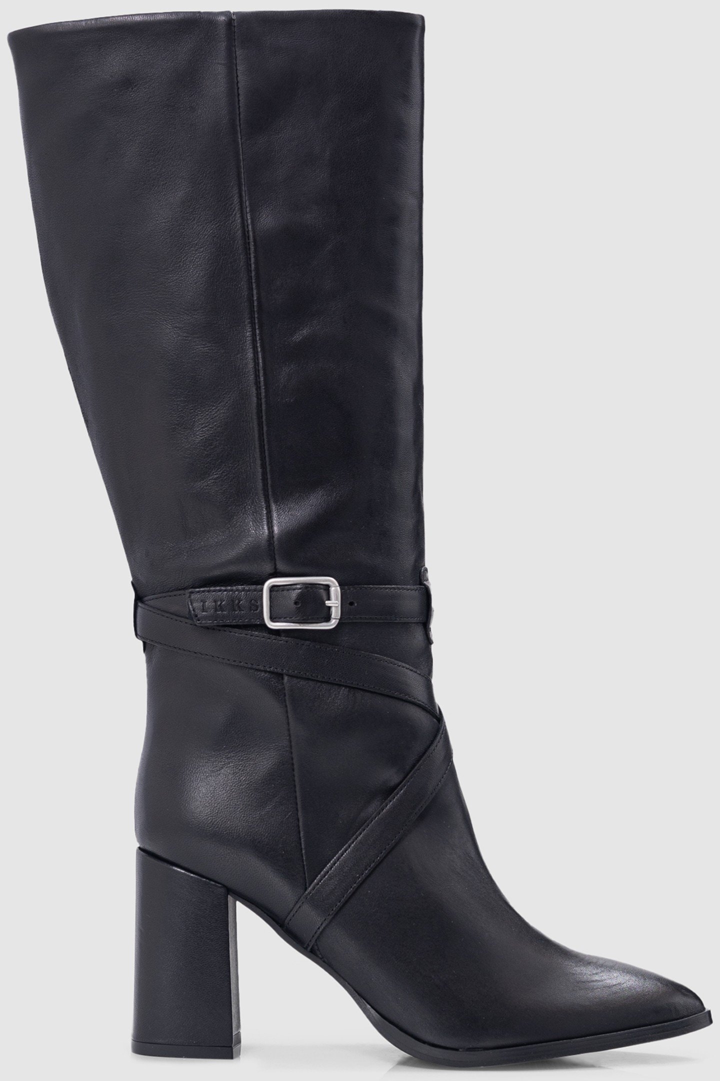 BLACK LEATHER CROSS-STRAP HEEL BOOTS 1