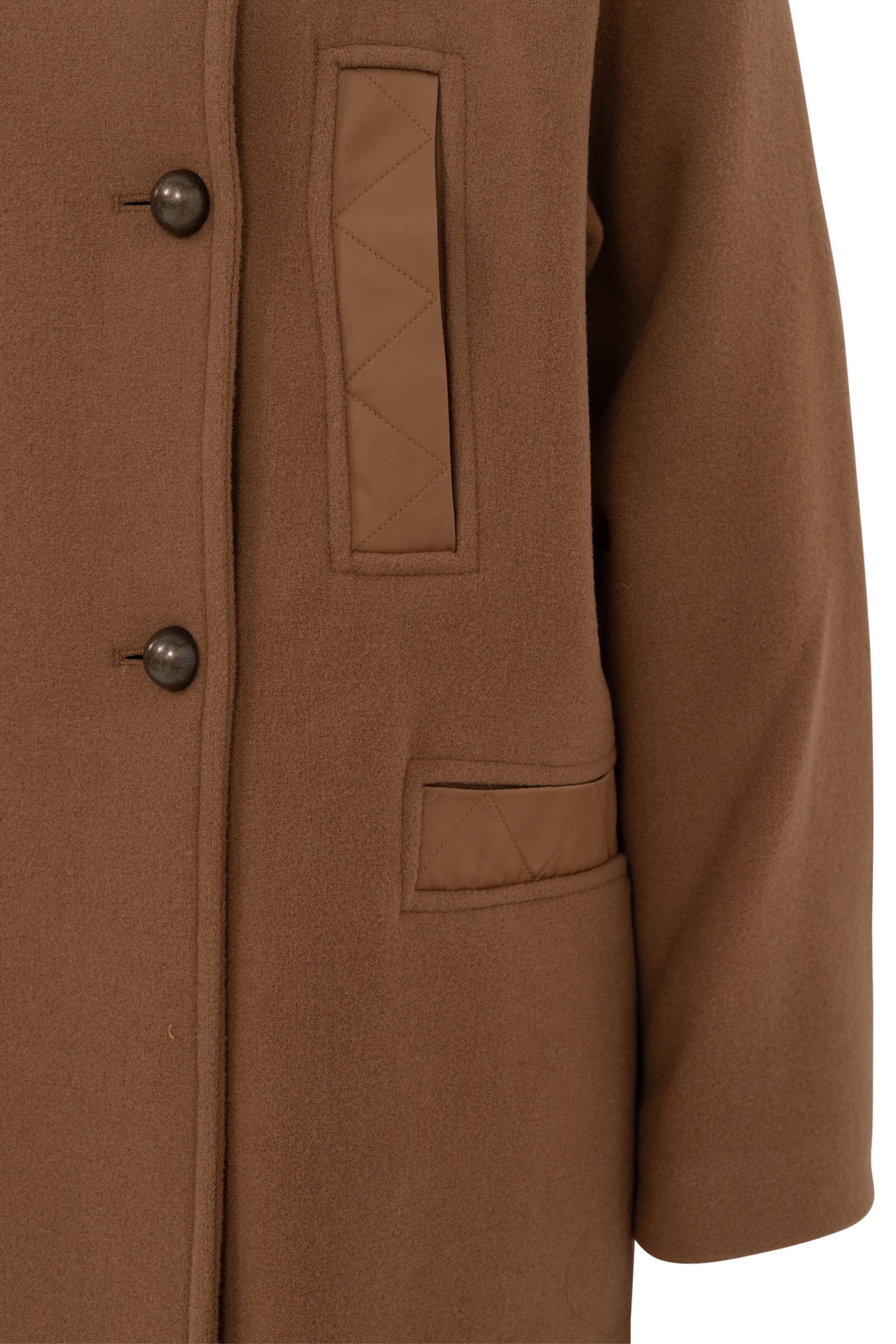 LONG CAMEL PEA COAT WITH STITCHED NYLON DETAILS 2