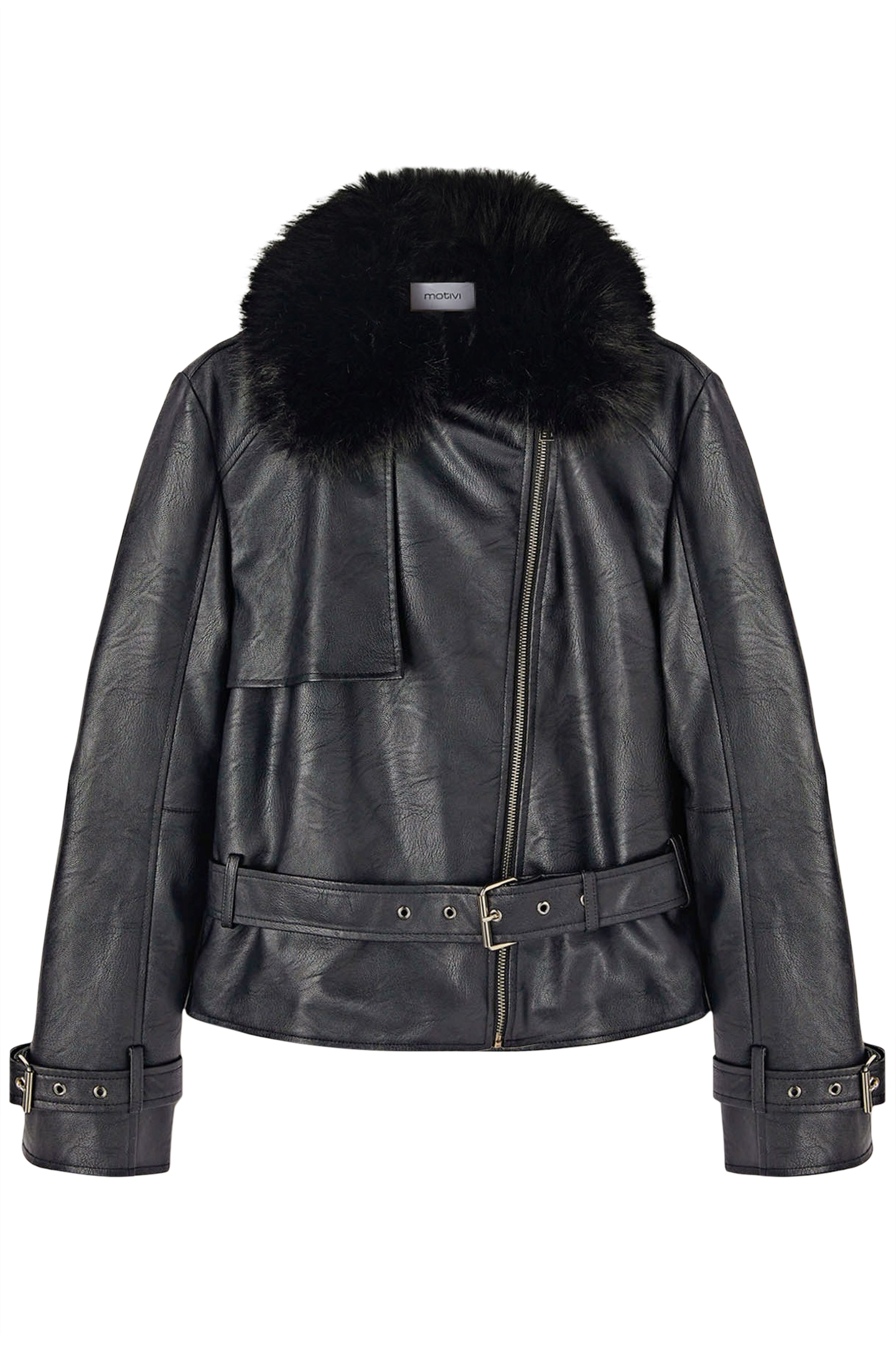 COATED FABRIC BIKER’S JACKET WITH PLUSH COWL BLACK 4