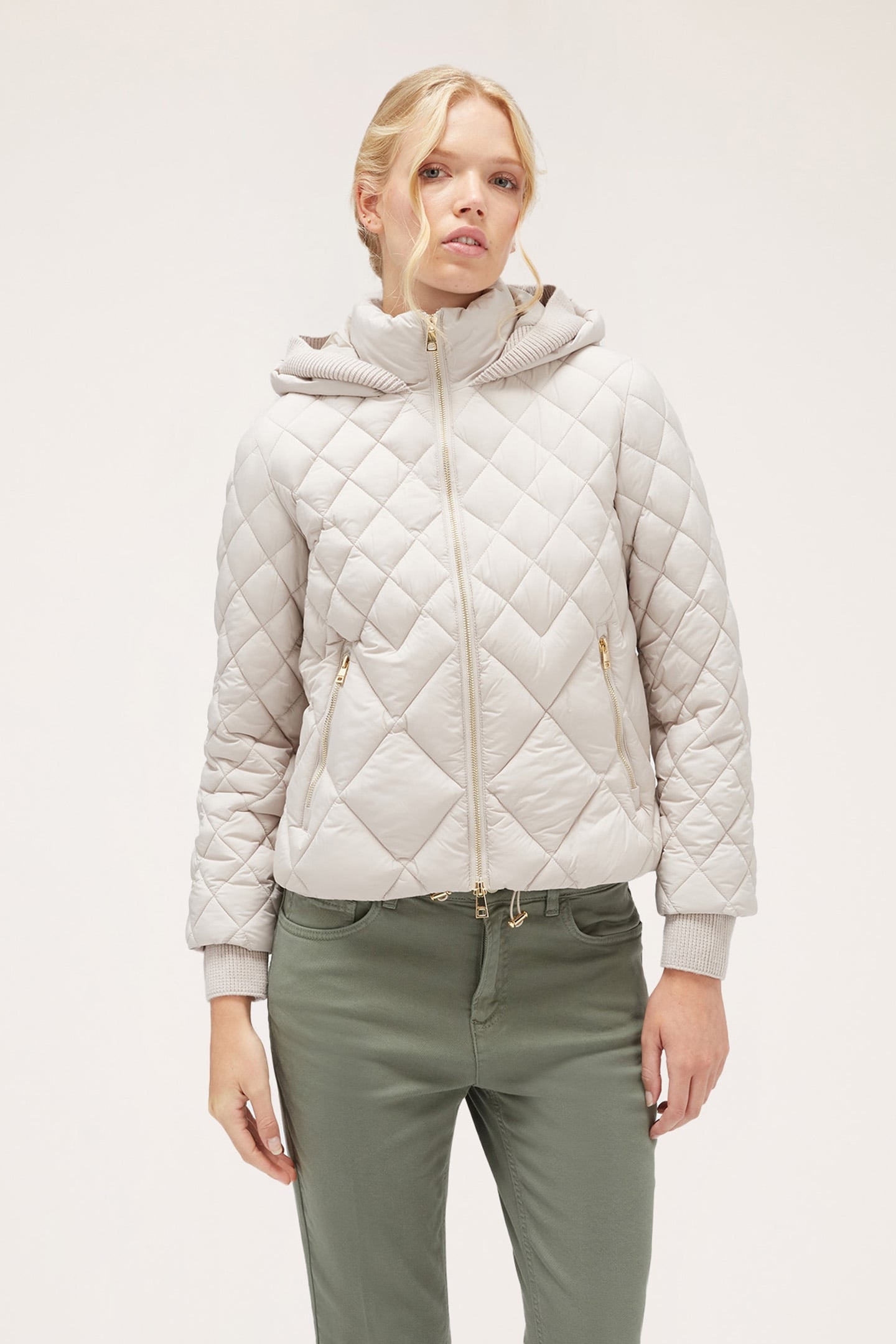 PADDED JACKET WITH HOOD AND KNIT BORDERS GREY 1