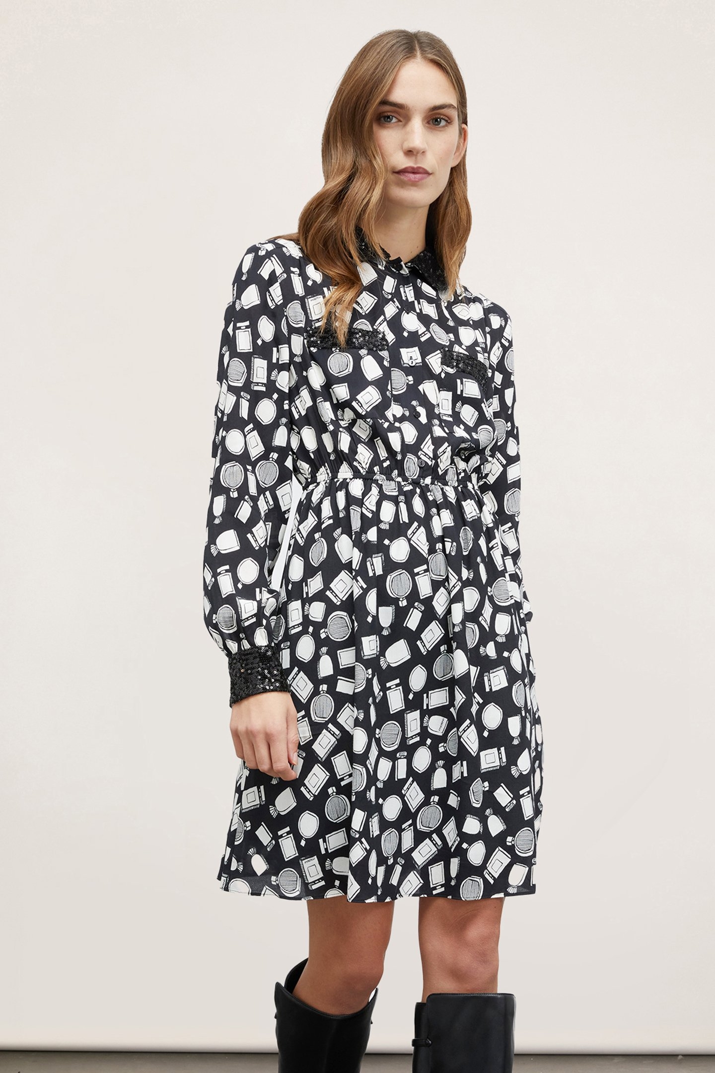 BEAUTY PATTERNED DRESS WITH SEQUIN COLLAR BLACK 1