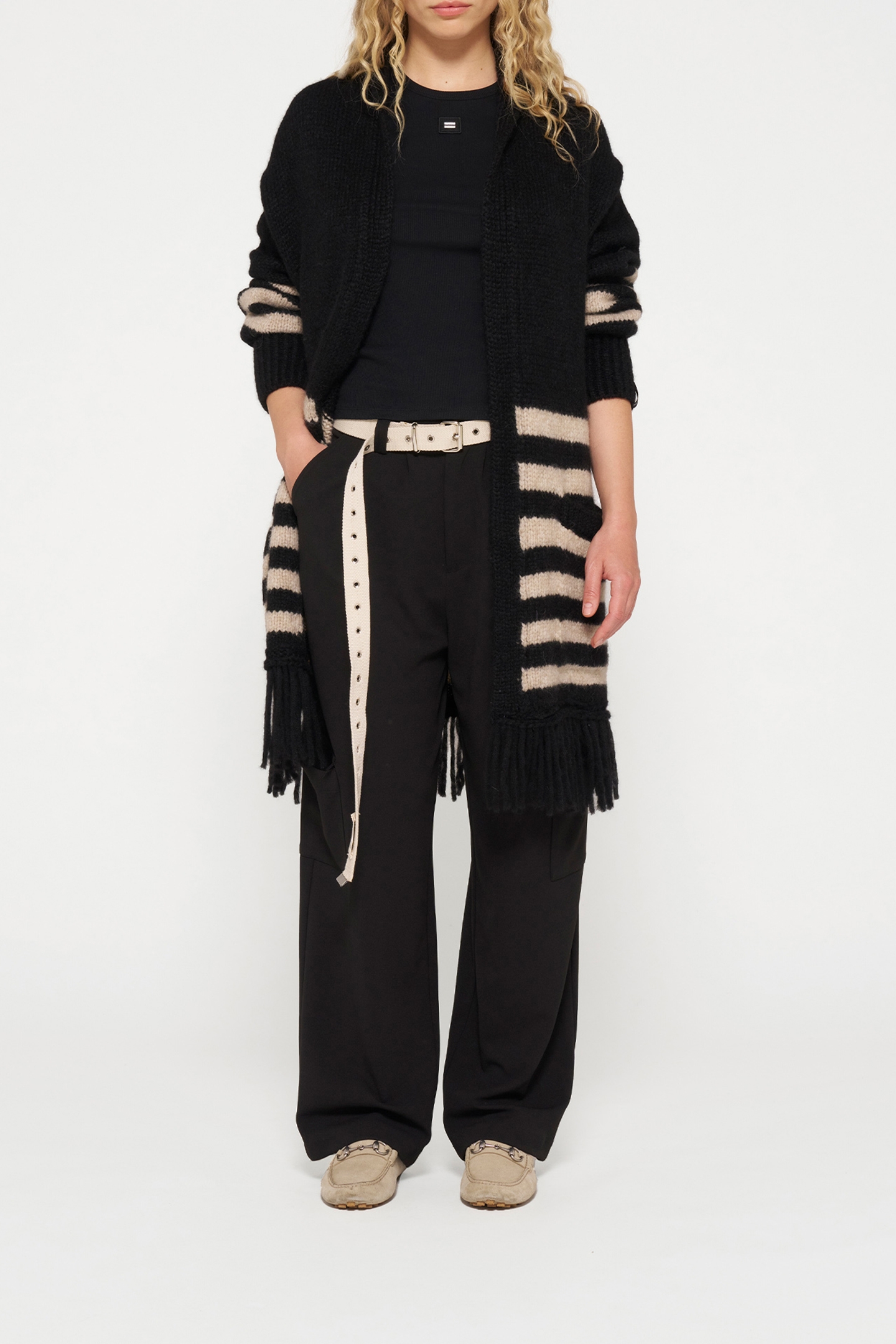 CARDIGAN KNIT STRIPES BLACK/LIGHT LATTE 2