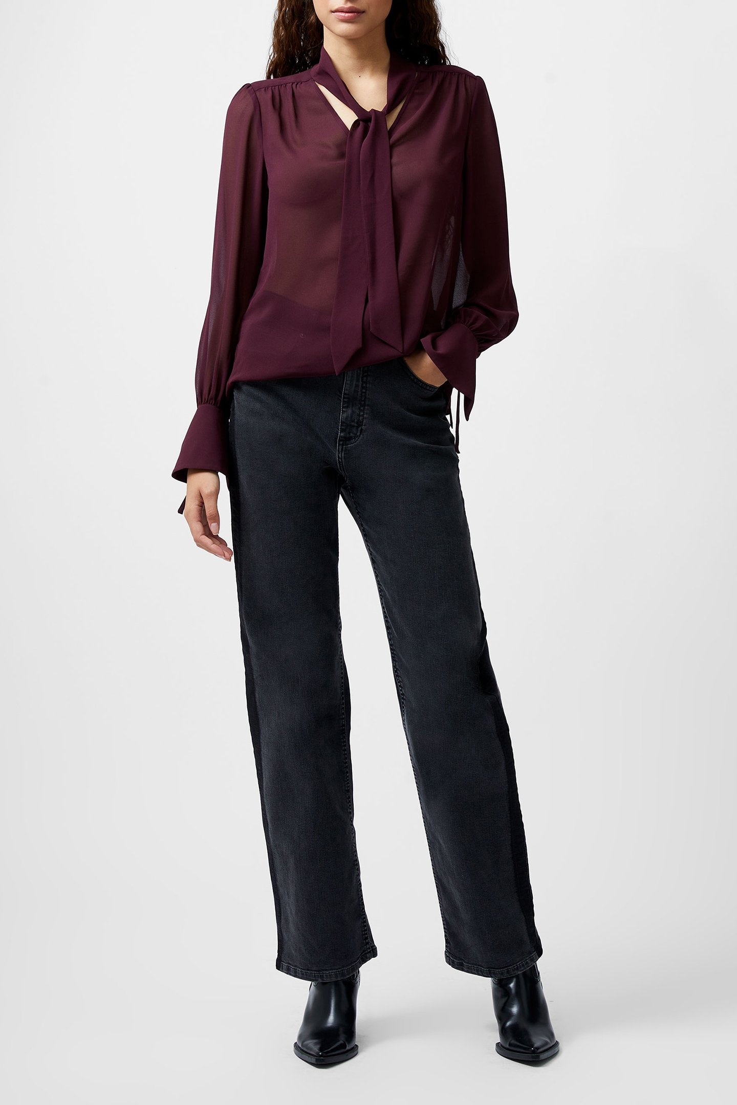 GEORGETTE L/S TIE NK BLOUSE BURGUNDY RED 2