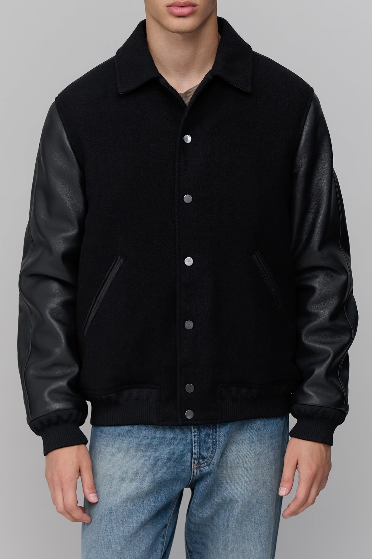 BLACK MIXED CHROME-FREE LEATHER VARSITY JACKET BLACK 5