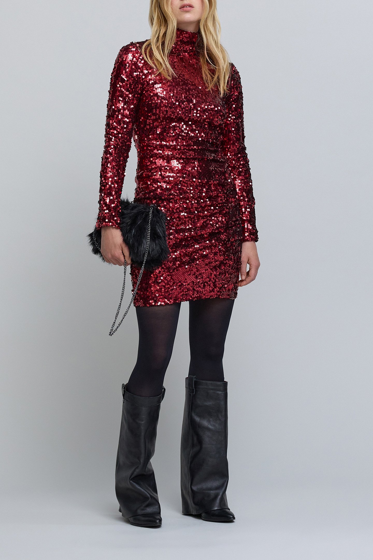 SEQUIN-EMBROIDERED DRAPED-EFFECT VERMILION DRESS FOR WOMEN V 5