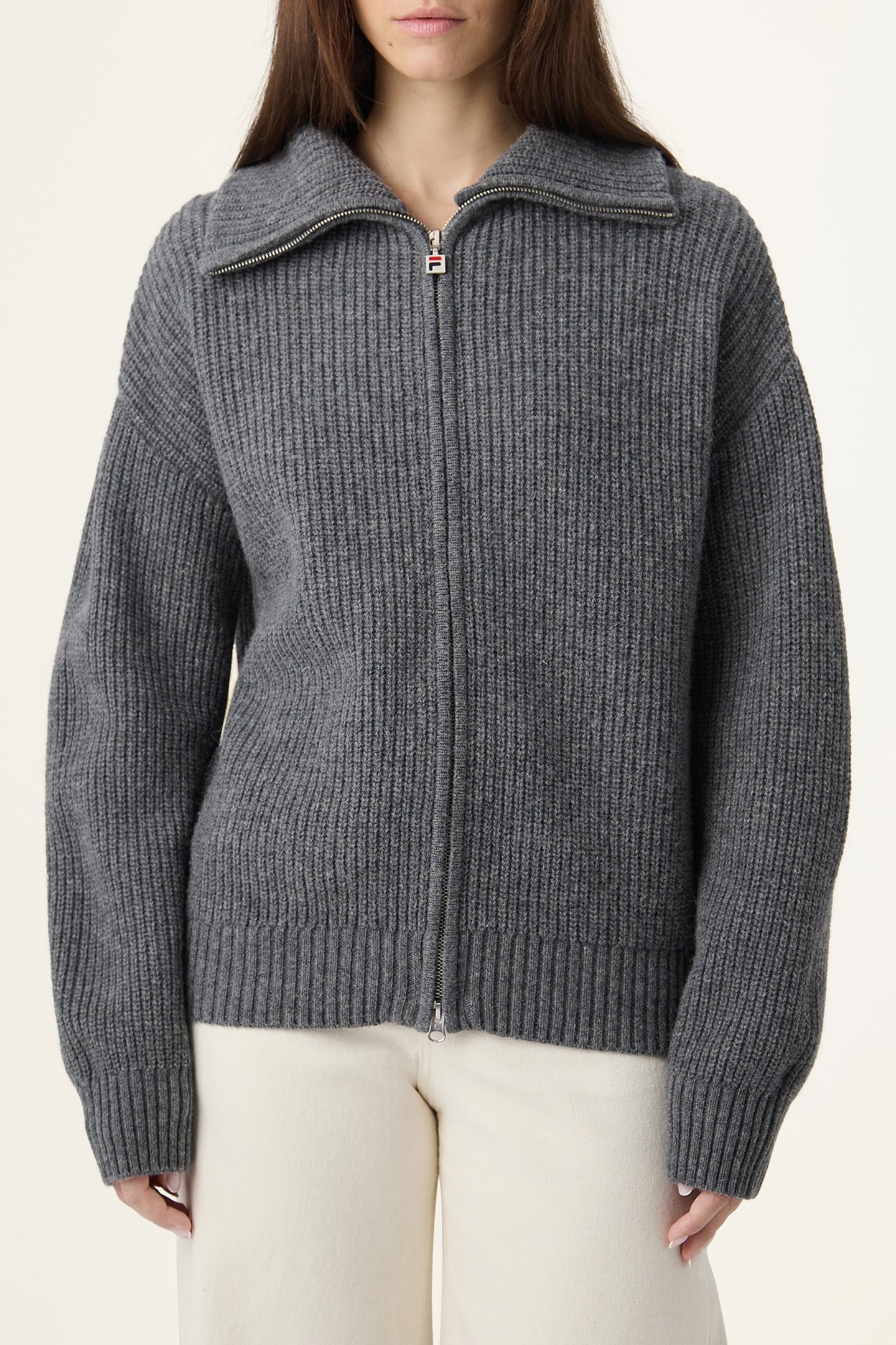GIOVANNI RELAXED HIGH COLLAR FULL-ZIP KNIT SWEATER GREY MELA 1