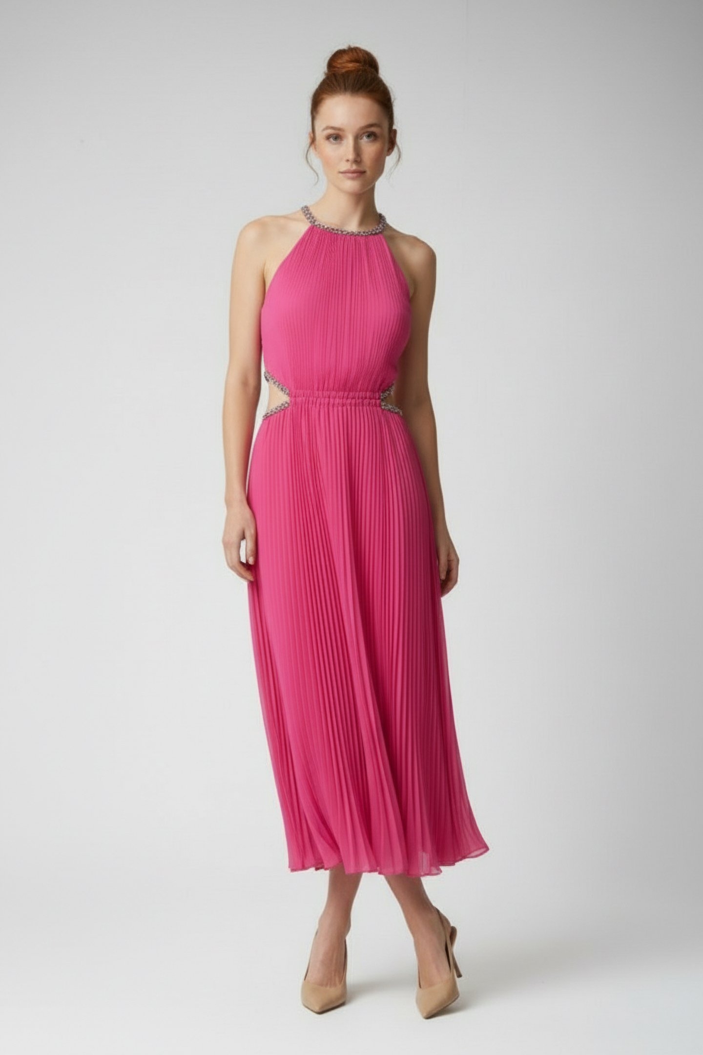 PLEATED CUTOUT DRESS CERISE 4
