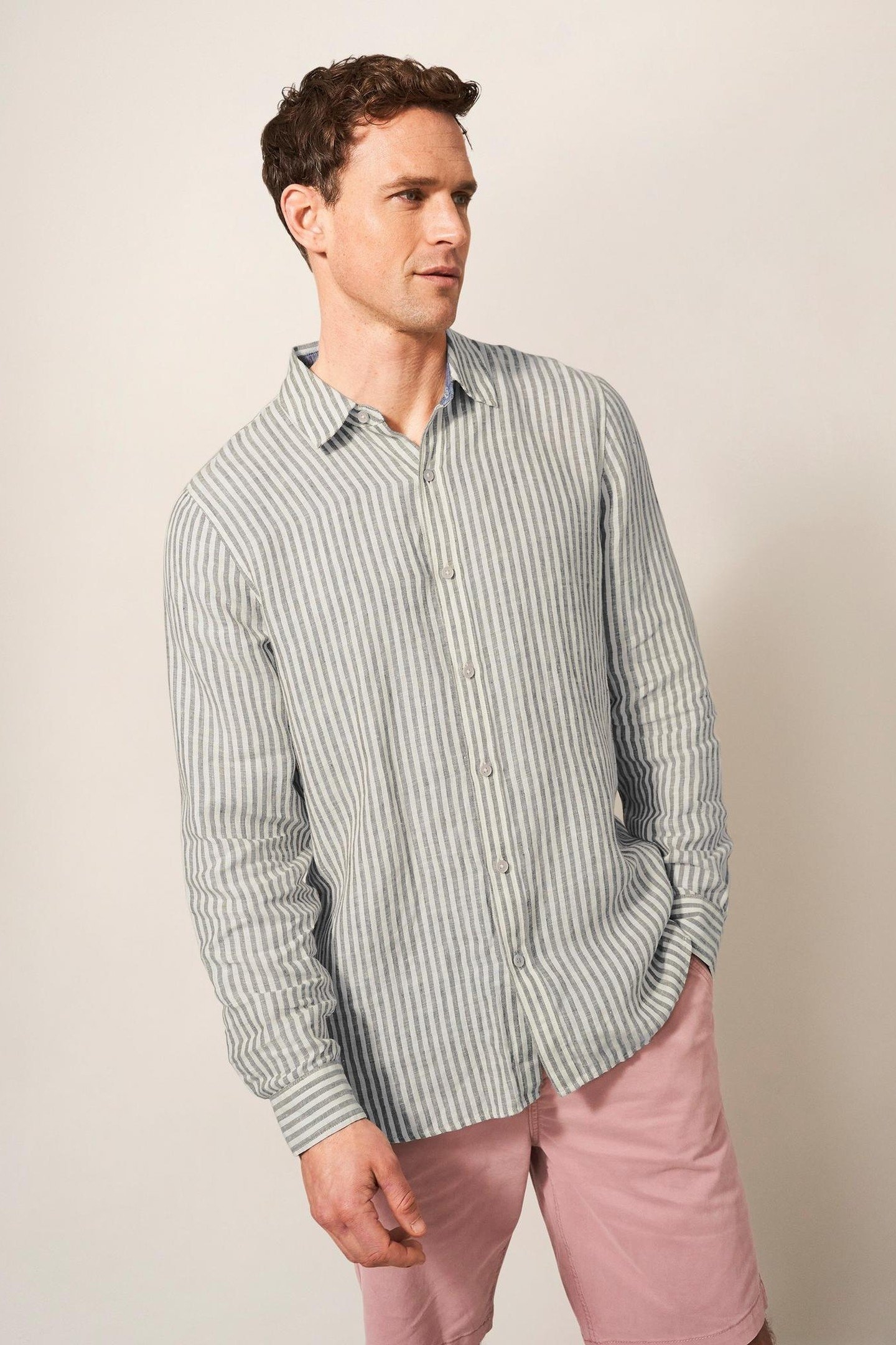 PEMBROKE LS STRIPE LINEN SHIRT KHAKI GREEN 1