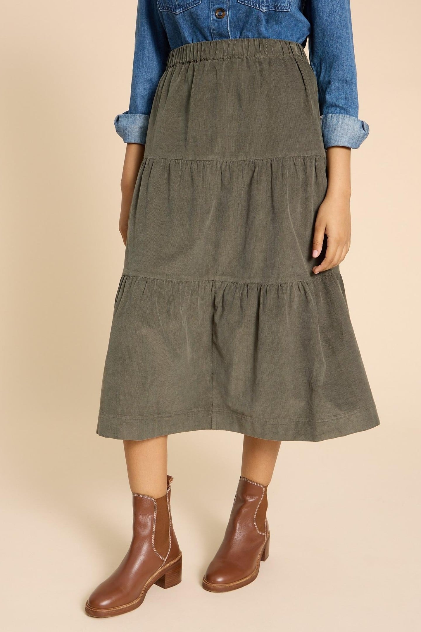 JADE TIERED CORD SKIRT KHAKI GREEN 1