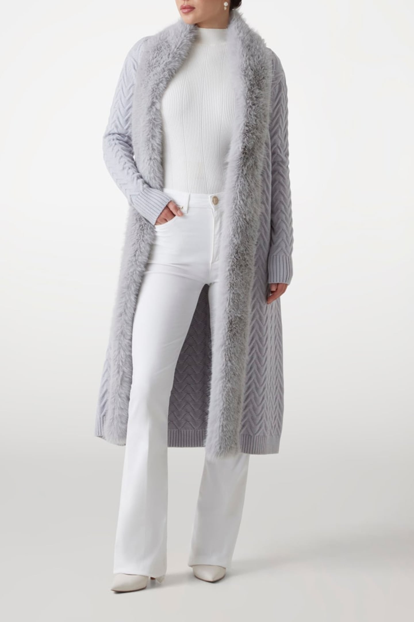 MARCIANO BY GUESS PAULA FAUX FUR LONG CARDI SILK GRAY 1