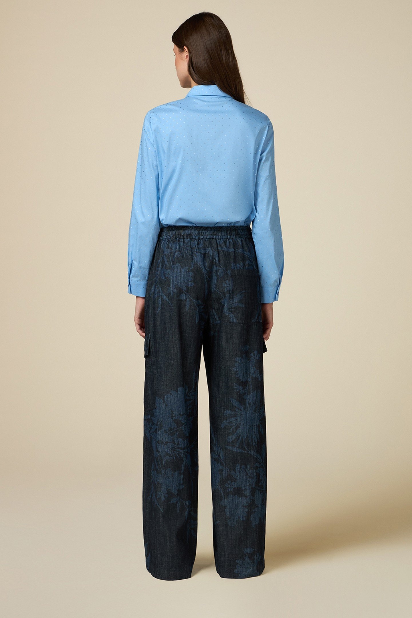 PRINTED DENIM PALAZZO CARGO JOGGERS BLUE 2