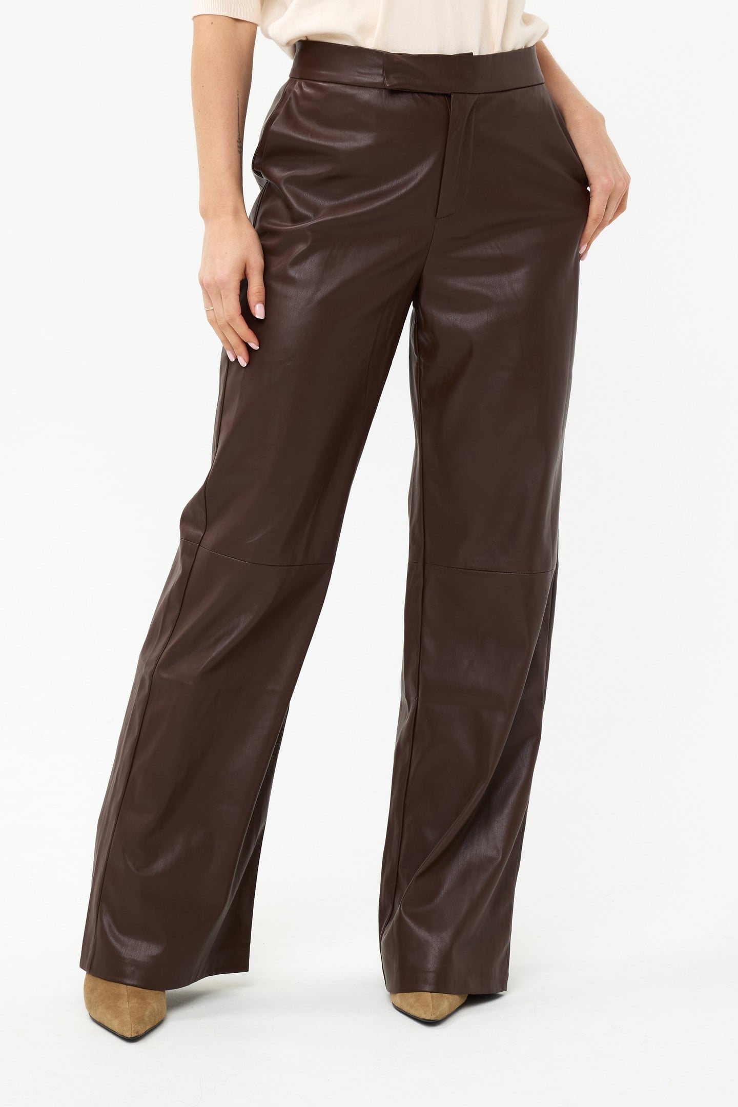 TROUSERS WIDE VEGAN LEATHER CHOCOLATE 1