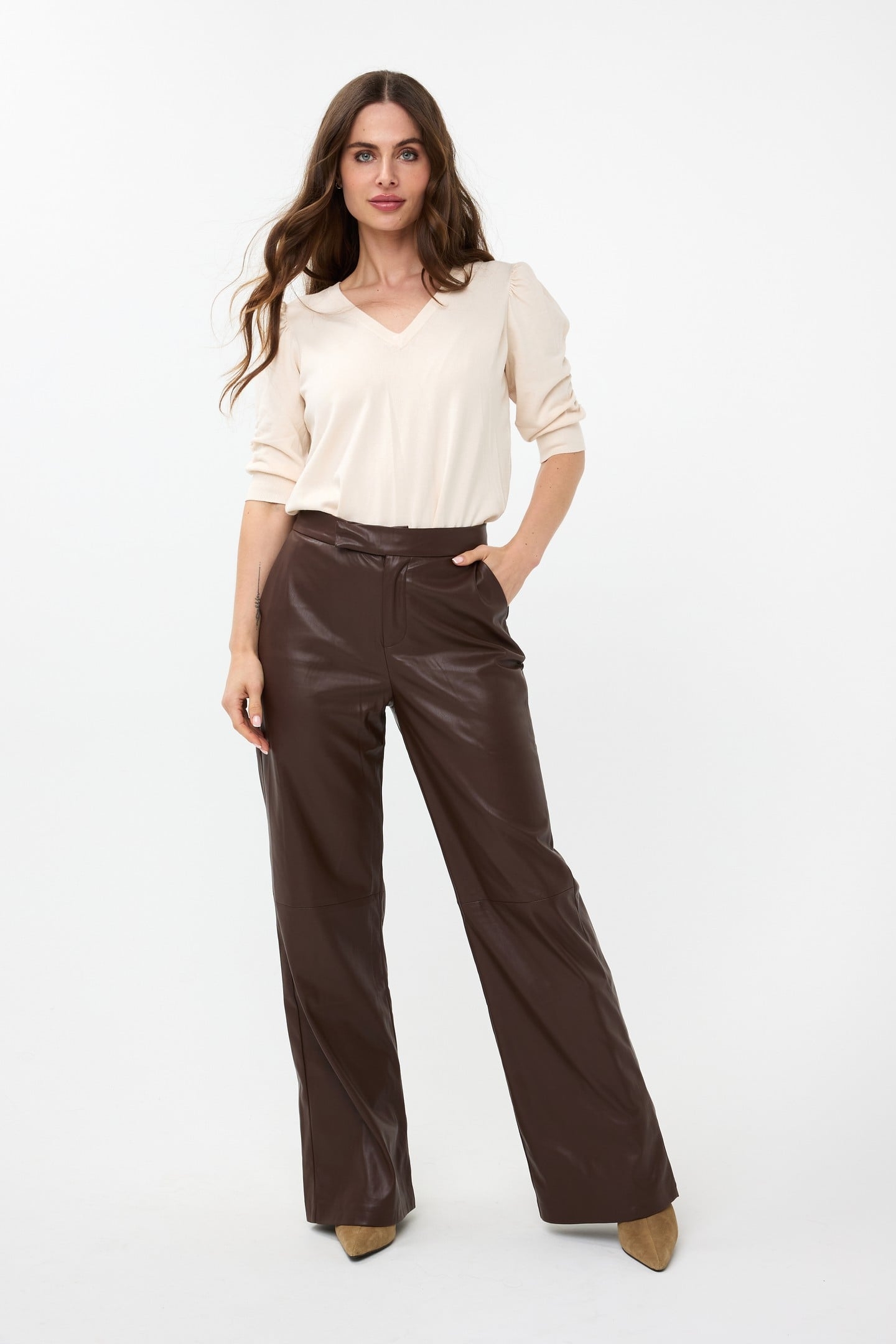 TROUSERS WIDE VEGAN LEATHER CHOCOLATE 2