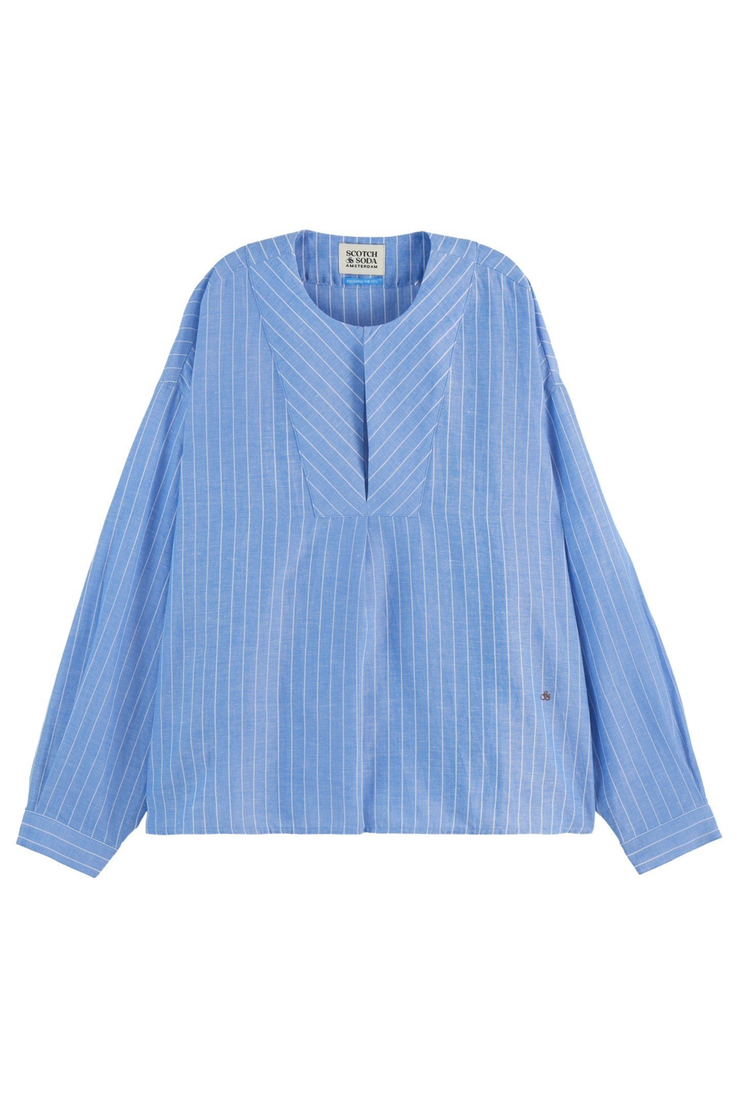 COTTON LINEN BIB SHIRT BLUE AND WHITE PIN STRIPE 4