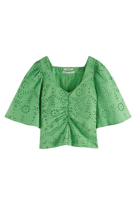 RUCHED FRONT FLUTTER SLEEVE TOP BRIGHT PARAKEET 1