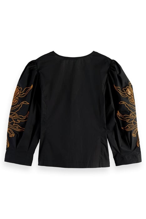 V-NECK FITTED TOP WITH BRODERIE VOLUME SLEEVE BLACK 2