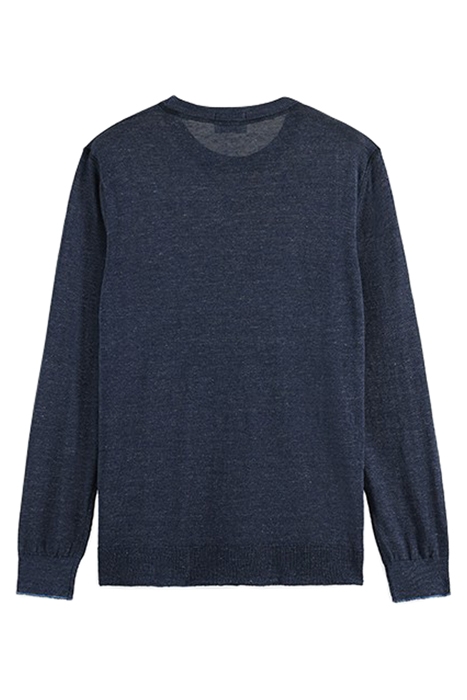 LINEN BLEND CREWNECK PULLOVER WITH FLATLOCK DETAILS NAVY MEL 2