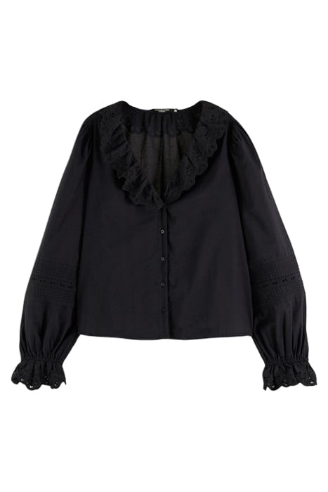 V-NECK SHIRT WITH BRODERIE IN ORGANIC COTTON BLACK 1