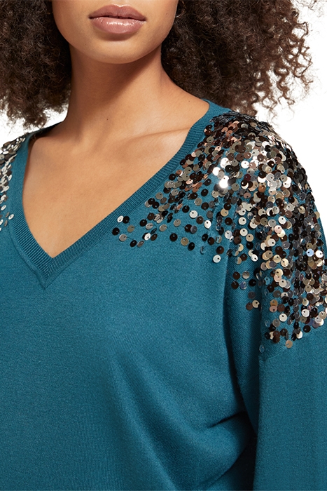 EMBELLISHED SHOULDER V NECK PULLOVER DARK TEAL 6