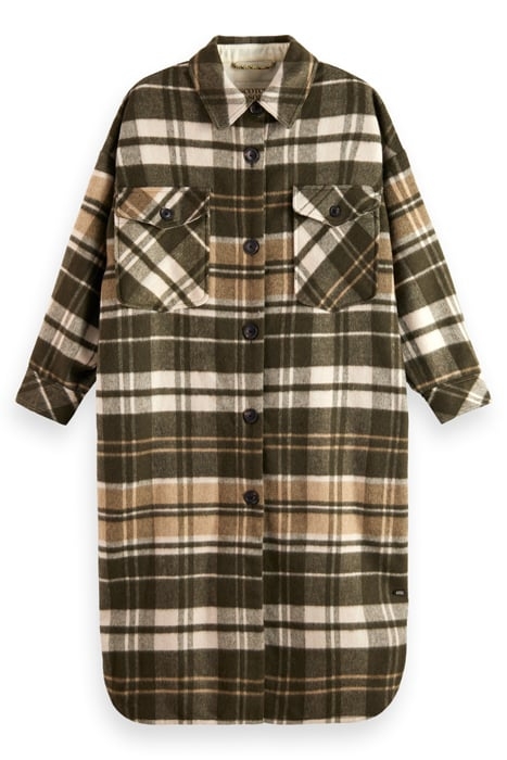 WOOL BLEND CHECKED LONG SHIRT JACKET FIELD GREEN 4