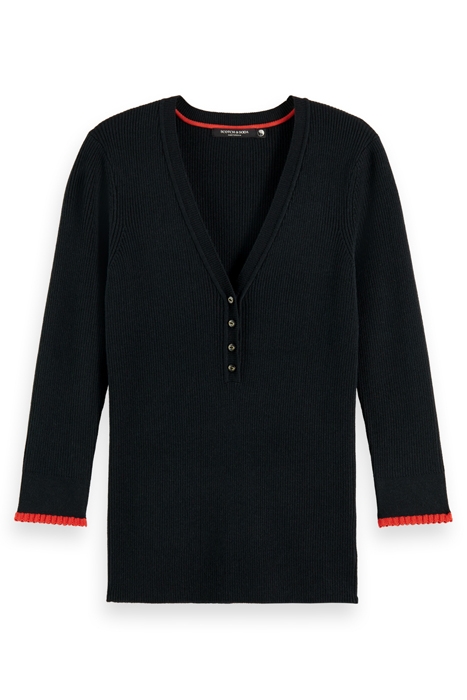 BUTTON DETAIL SKINNY RIB PULLOVER BLACK 4