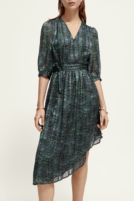 ASYMMETRIC WRAP DRESS FEATHER BOTTLE GREEN 1
