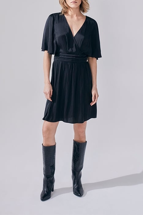 BLACK RECYCLED SATIN DRESS WITH DRAPED BELT 1
