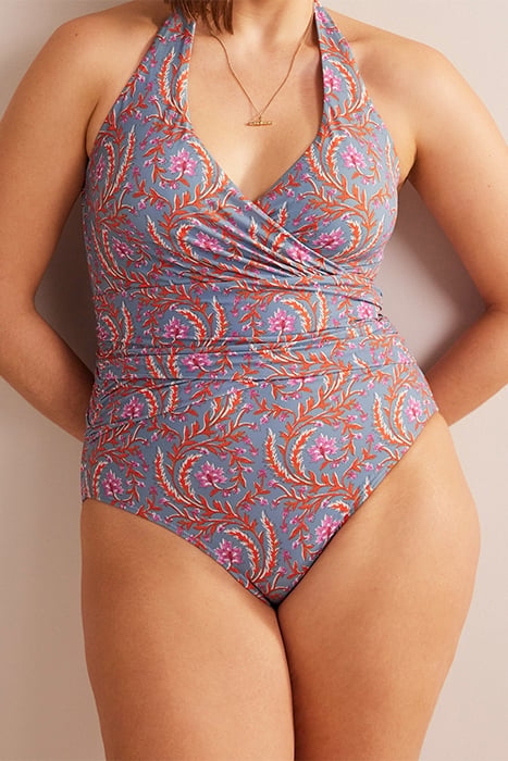 LEVANZO RUCHED HALTER SWIMSUIT DELPH BLUE, OPULENT VINE 4