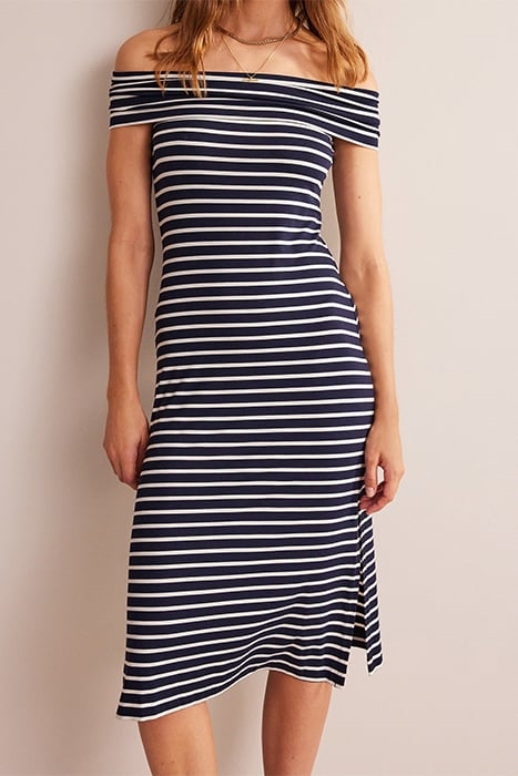 BARDOT JERSEY MIDI DRESS IVORY AND NAVY STRIPE 1