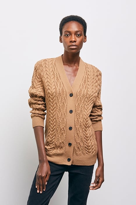 BUTTONED CARDIGAN IN BRAIDED WOOL CAMEL 1