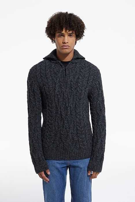 CABLE WOOL CAMPER NECK SWEATER BLACK DARK GREY 1