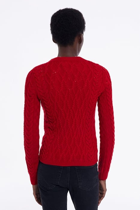 ROUND-NECK CABLE WOOL SWEATER TANGO RED 2