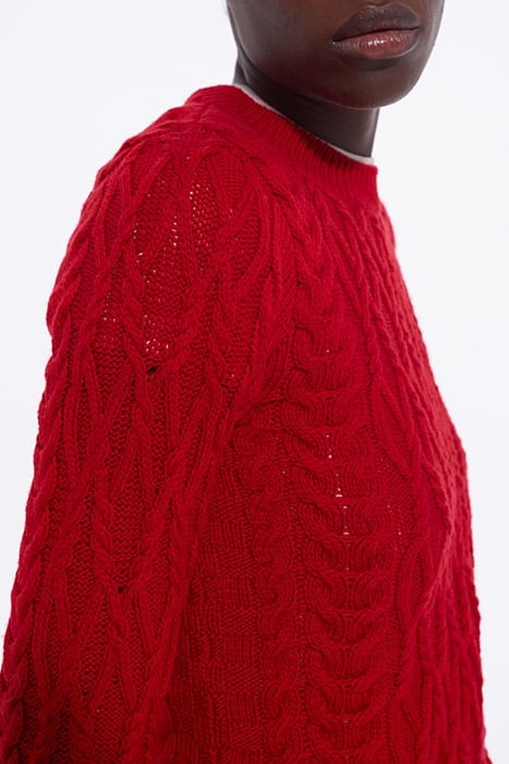 ROUND-NECK CABLE WOOL SWEATER TANGO RED 6