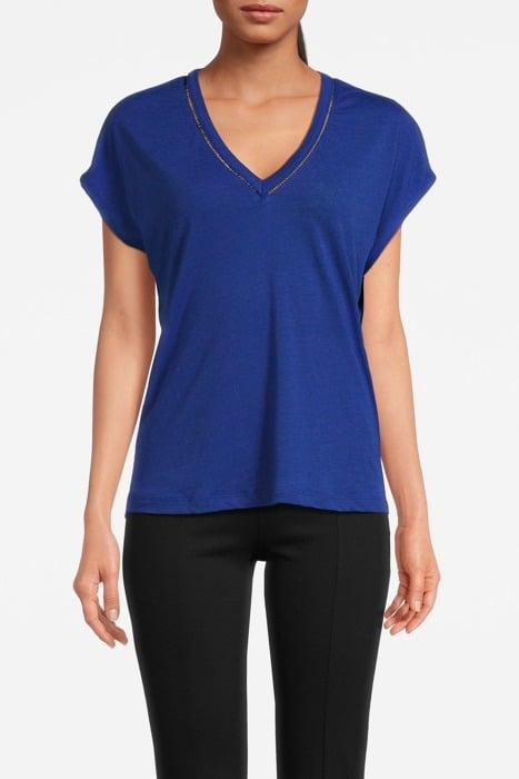 V-NECK LADDER DETAIL LOOSE FIT T-SHIRT ELECTRIC BLUE 1