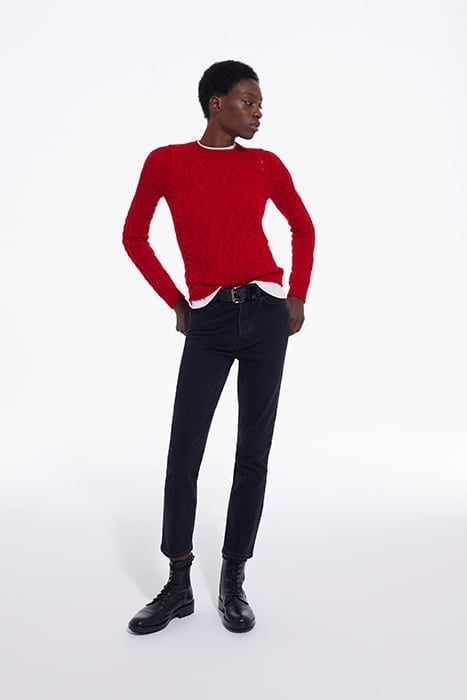 ROUND-NECK CABLE WOOL SWEATER TANGO RED 3