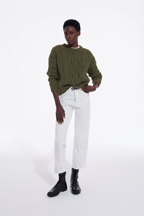 ROUND-NECK CABLE WOOL SWEATER KAKI 3