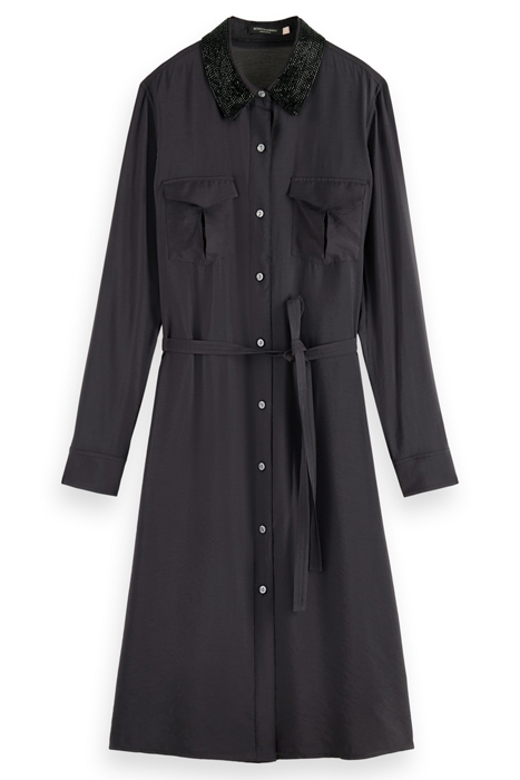 BEADED COLLAR MIDI SHIRT DRESS EVENING BLACK 4