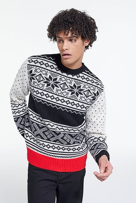 PULL COL ROND JACQUARD AVEC RIB CONTRASTE BLACK RED OFF WHIT 1