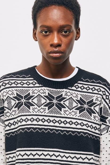 PULL COL ROND JACQUARD AVEC RIB CONTRASTE BLACK RED OFF WHIT 6