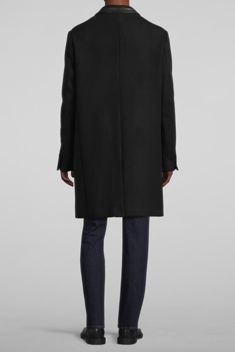 MANTEAU DROIT EN LAINE MÉLANGÉE ET COL EN CUIR BLACK 2