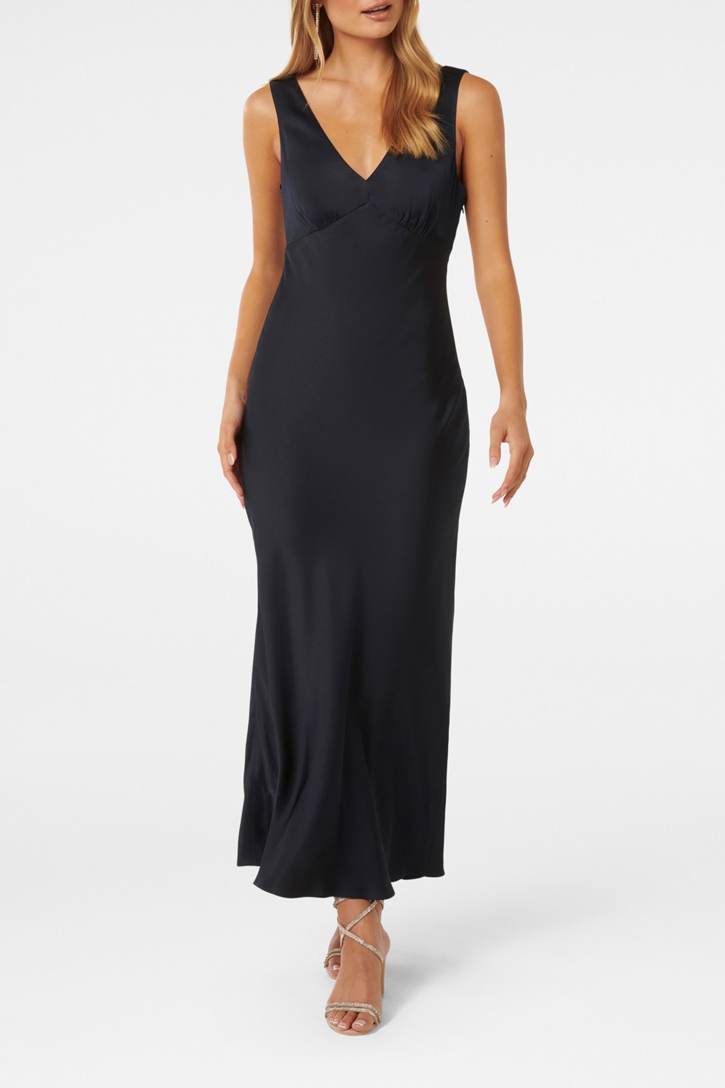 CAMERON V NECK SATIN MAXI DRESS NAVY 1