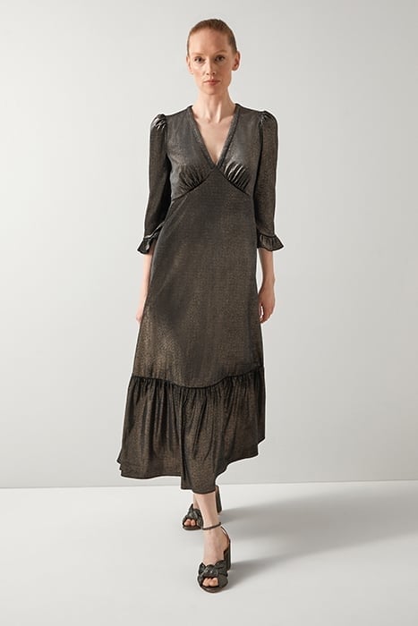 DEBORAH PEPLUM MIDI DRESS GOLD 1