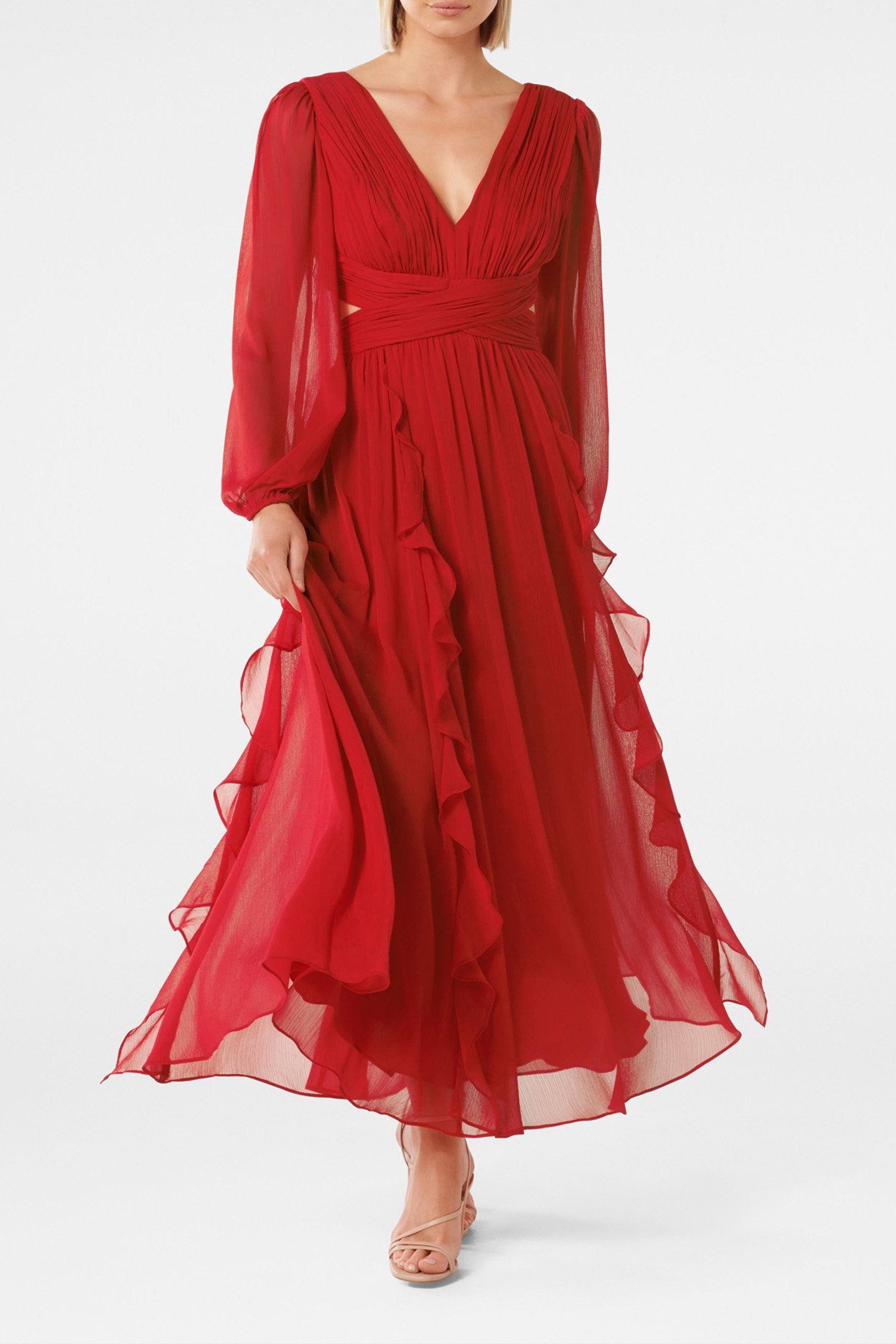 ROSALYN LONG SLEEVES FRILL DRESS CHERRY RED 1